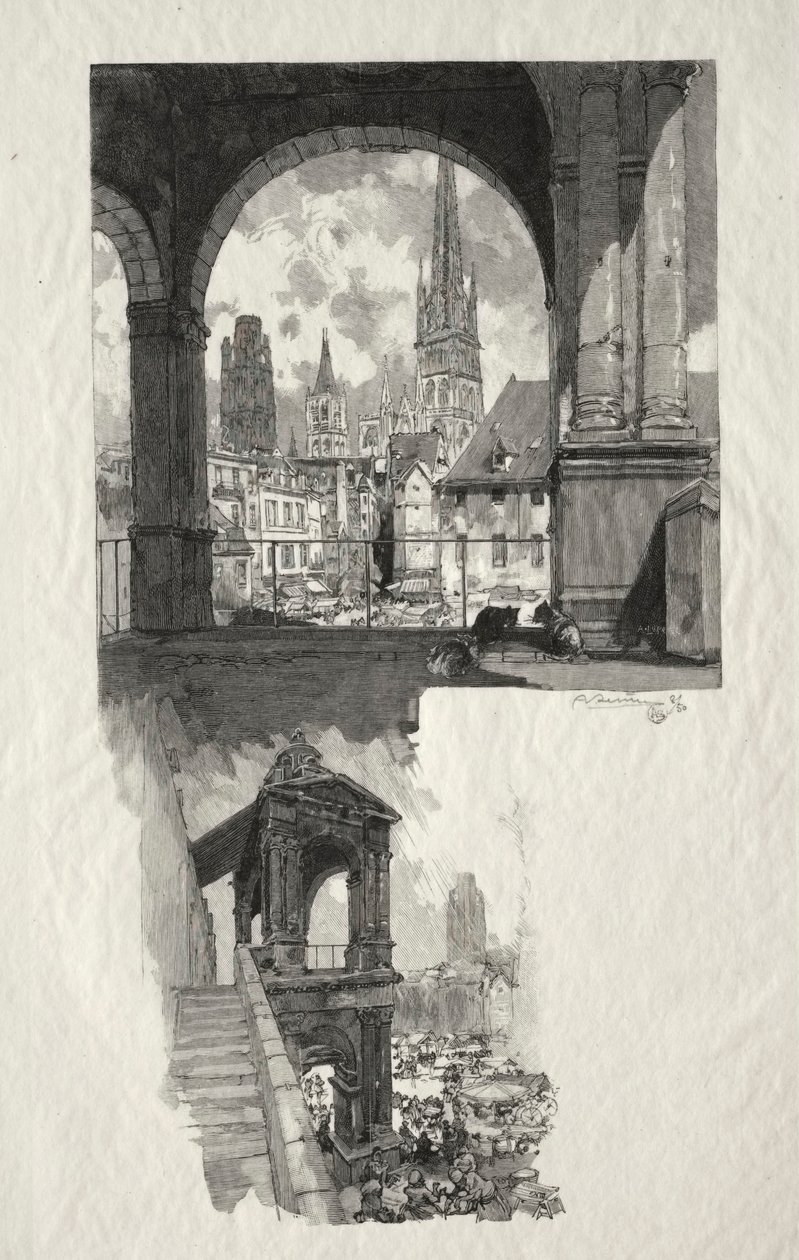 Illustreret Rouen: Place de la Haute Vieille Tour, Edicule de la Fierte, 1896. af Auguste Louis Lepère