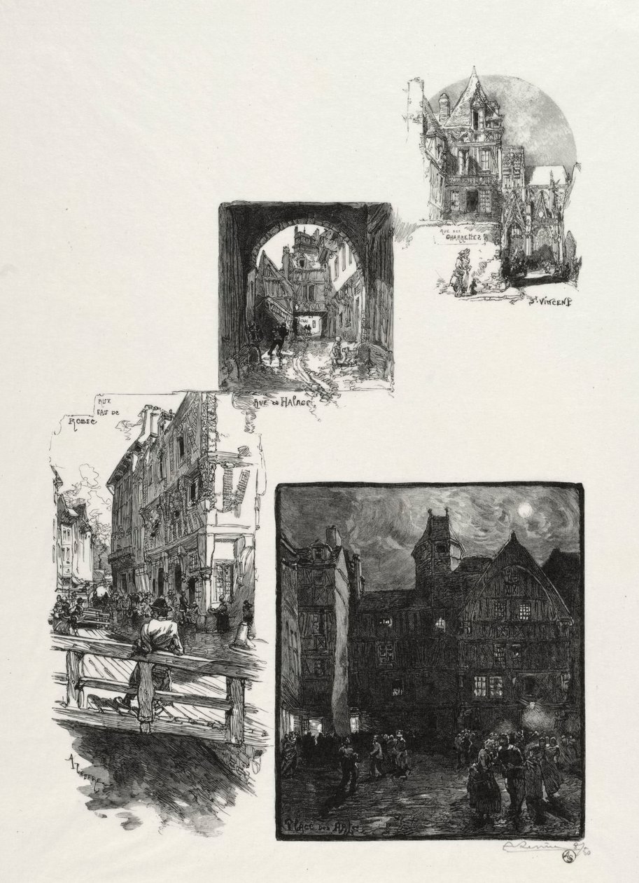 Illustreret Rouen: Rue des Charretes, Rue de Halage, Rue Eau de Robec, Place des Arts, 1896. af Auguste Louis Lepère