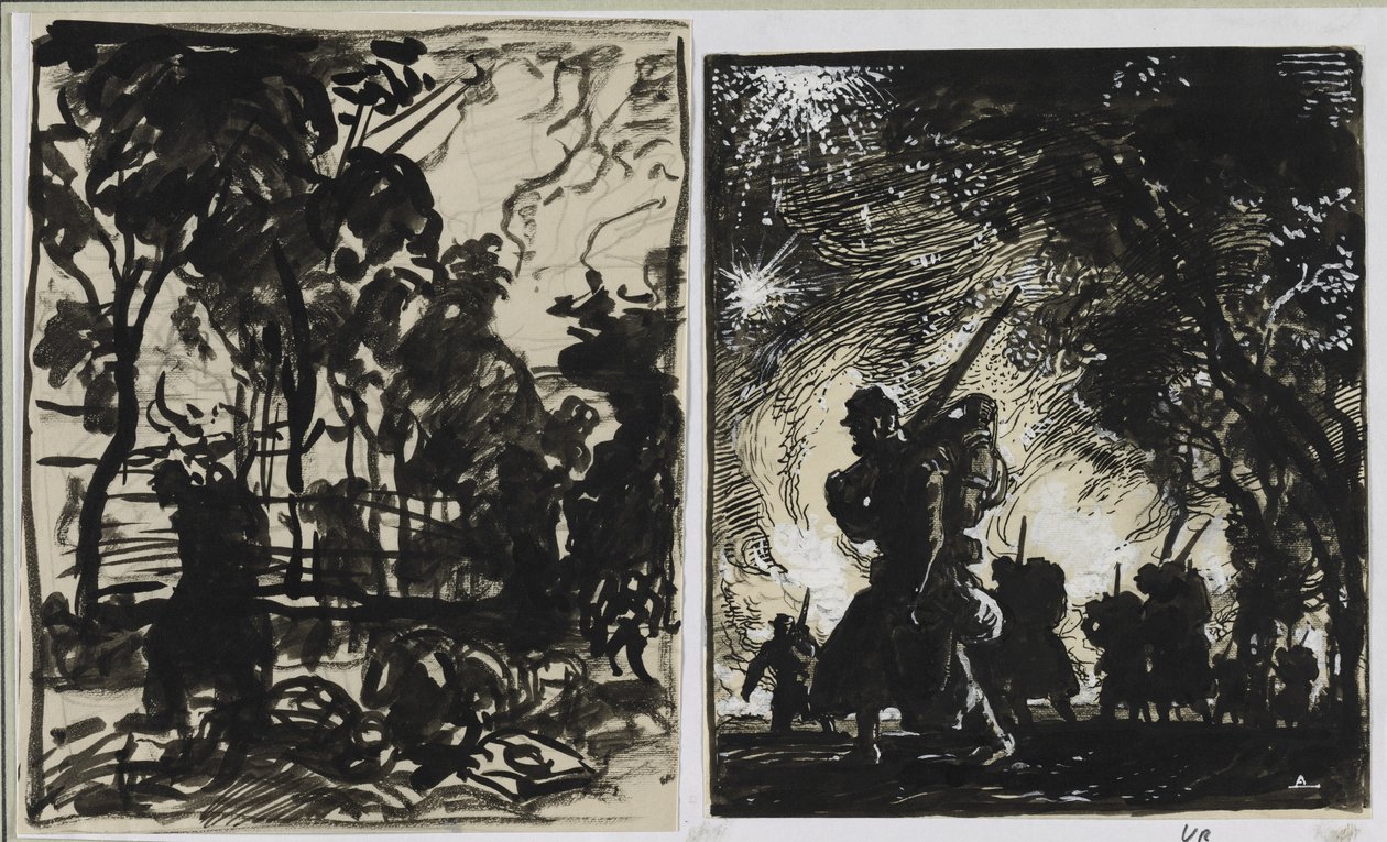 Natscene, patrulje i udkanten af ​​en skov, 1914. af Auguste Louis Lepère