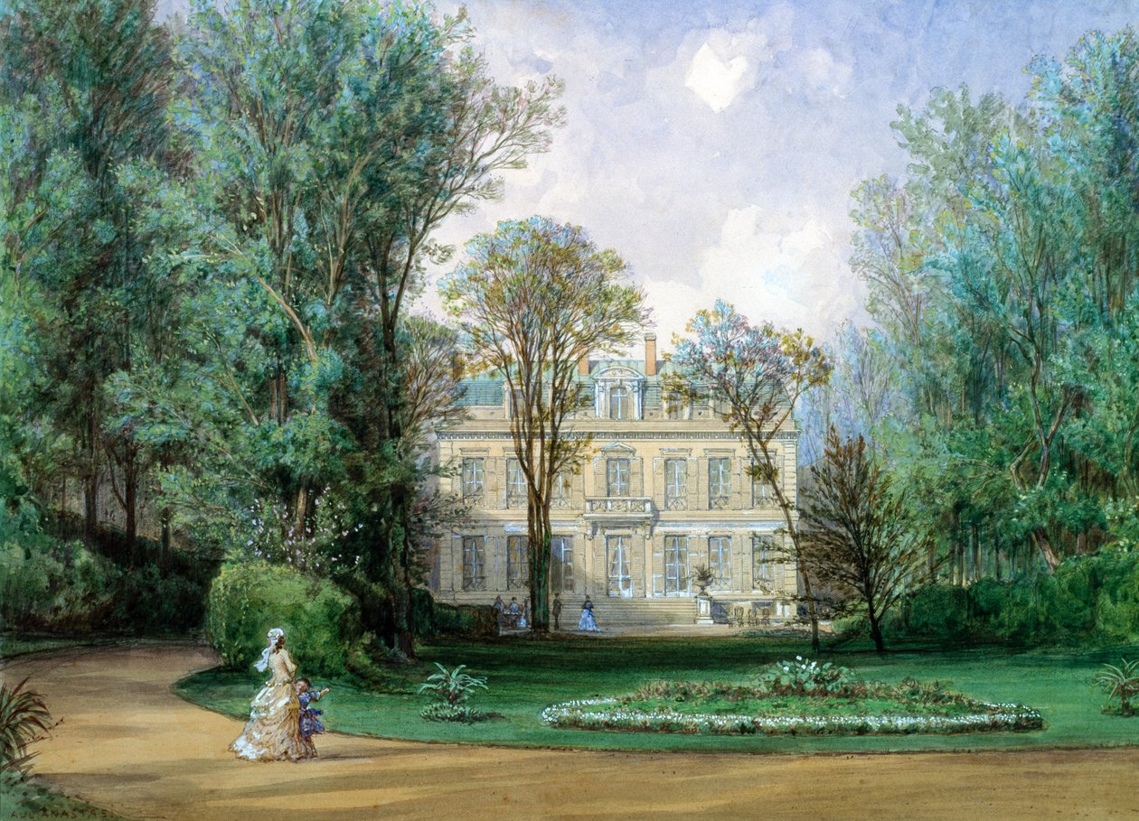 Hotel Rainbeaux, Avenue des Champs Elysees og 57 Rue de Ponthieu, Paris, 1868 (wc på papir) af Auguste Paul Charles Anastasi