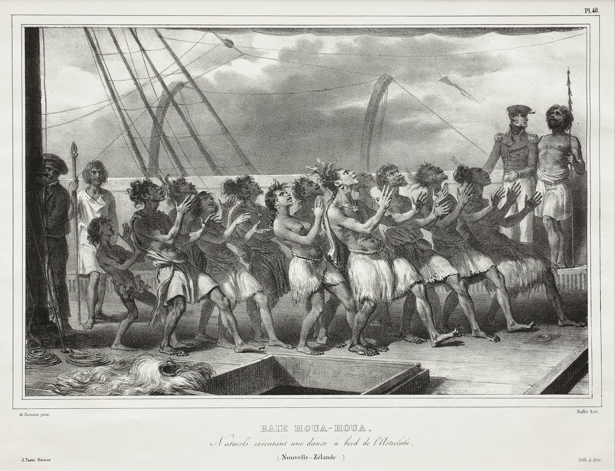 Houa-Houa-bugten, Indfødte, der udfører en dans om bord på Astrolabe (New Zealand), [Uawa/Tolaga Bay, Natives Performing a Haka on Board the Astrolabe (New Zealand)] af Auguste Raffet