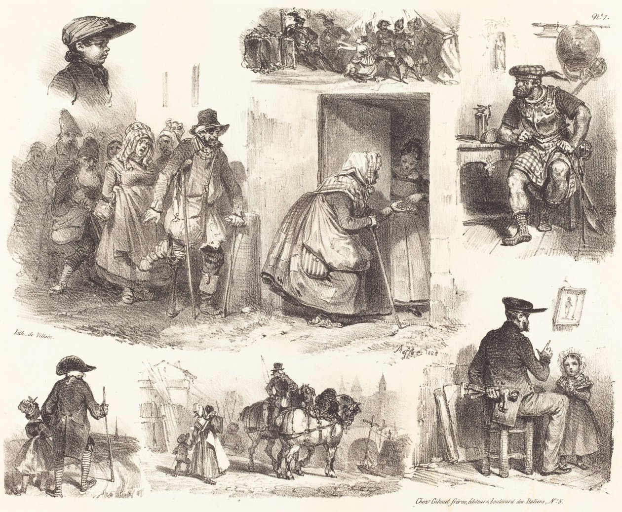 Otte vignetter af genrehændelser af Auguste Raffet