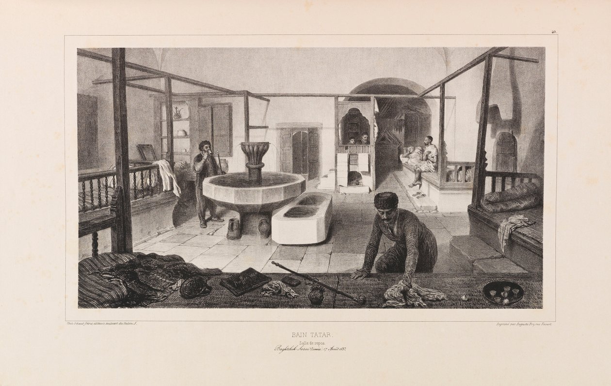 Tatarisk bad, hvilerum. Fra Voyage dans la Russie af Anatole de Demidoff, 1837. af Auguste Raffet
