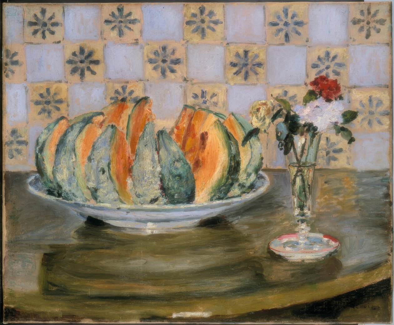 Stilleben med melon og blomstervase af Auguste Renoir