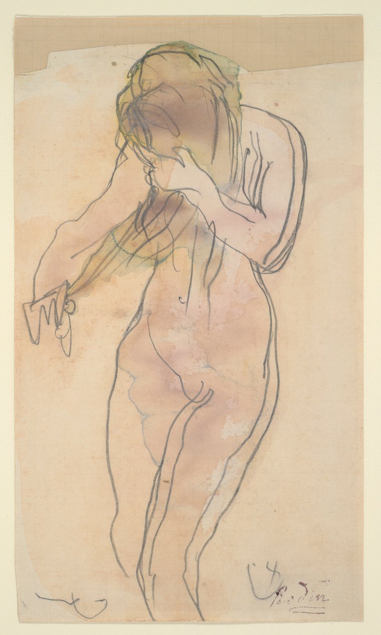Studie af nøgen (står, reder sit hår) af Auguste Rodin