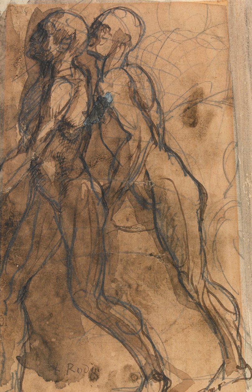 The Shades nærmer sig Dante og Virgil (grafit, pen og mørk sepia vask på brunpapir) af Auguste Rodin