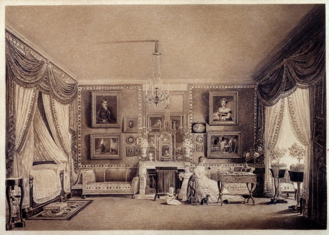 Soveværelse af hertuginden af Berry på Tuilerierne. Tegning af Auguste Garneray (1785-1824) af Auguste Simon Garneray