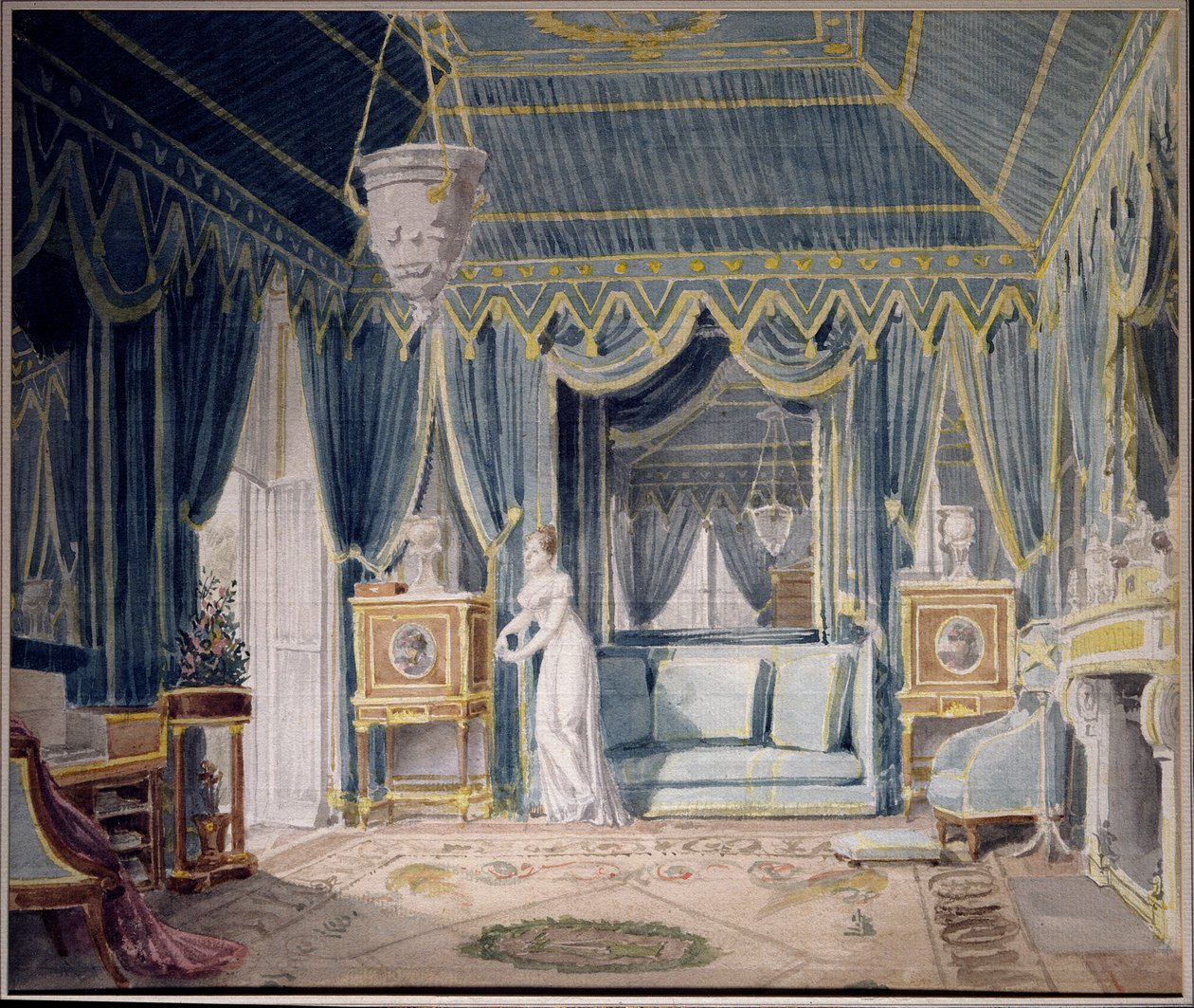 Boudoir af Dronning Hortense de Beauharnais (1783-1837) i 1811. Akvarel af Auguste Garneray (1785-1824). Privat samling af Auguste Simon Garneray