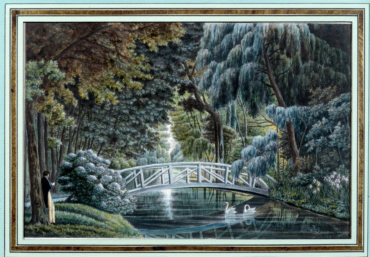 Udsigt over træbroen over floden til venstre for slottet Malmaison Watercolor d