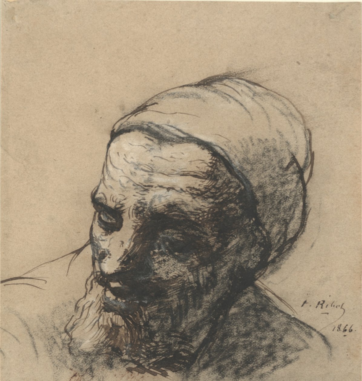 Hoved af en gammel mand med skæg og kasket af Auguste Theodule Ribot