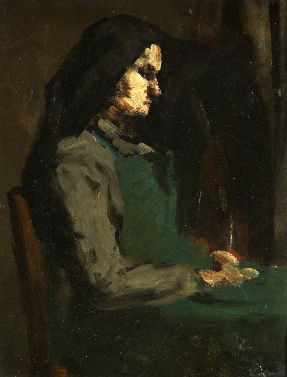 Kvinde med et grønt forklæde (olie på pap) af Auguste Theodule Ribot