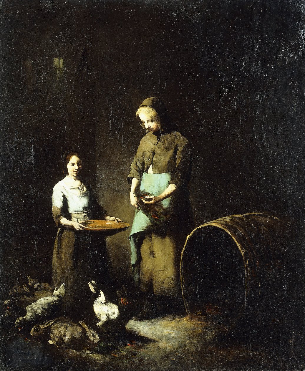 Unge bondepiger fodrer gårddyr, af Auguste Theodule Ribot
