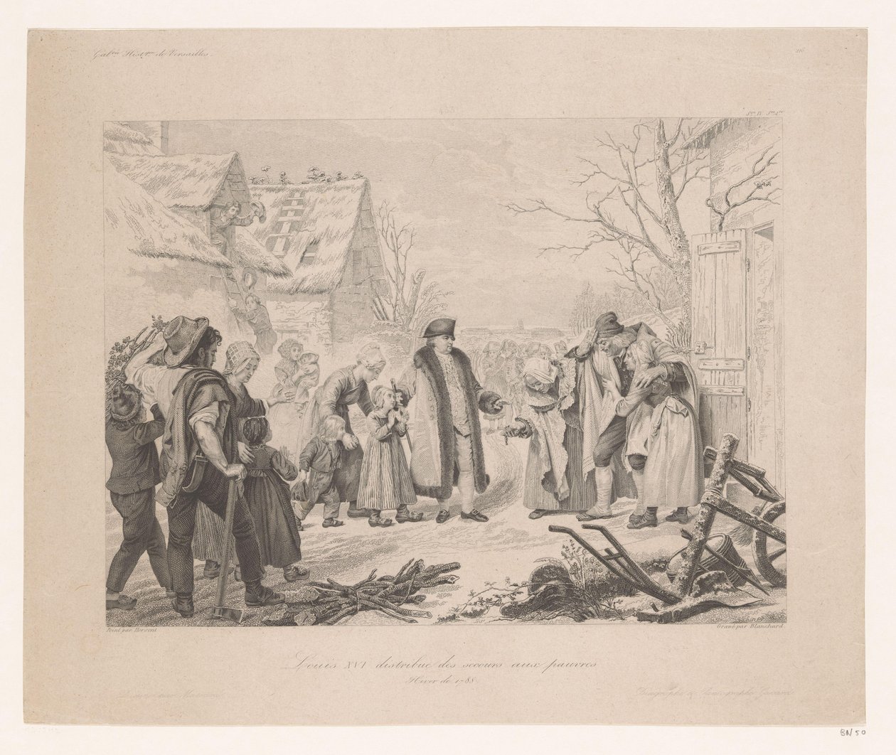 Ludvig XVI på besøg i et fattigt kvarter Louis XVI distribution des secours aux pauvres (titel på objekt) af Auguste Thomas Marie Blanchard