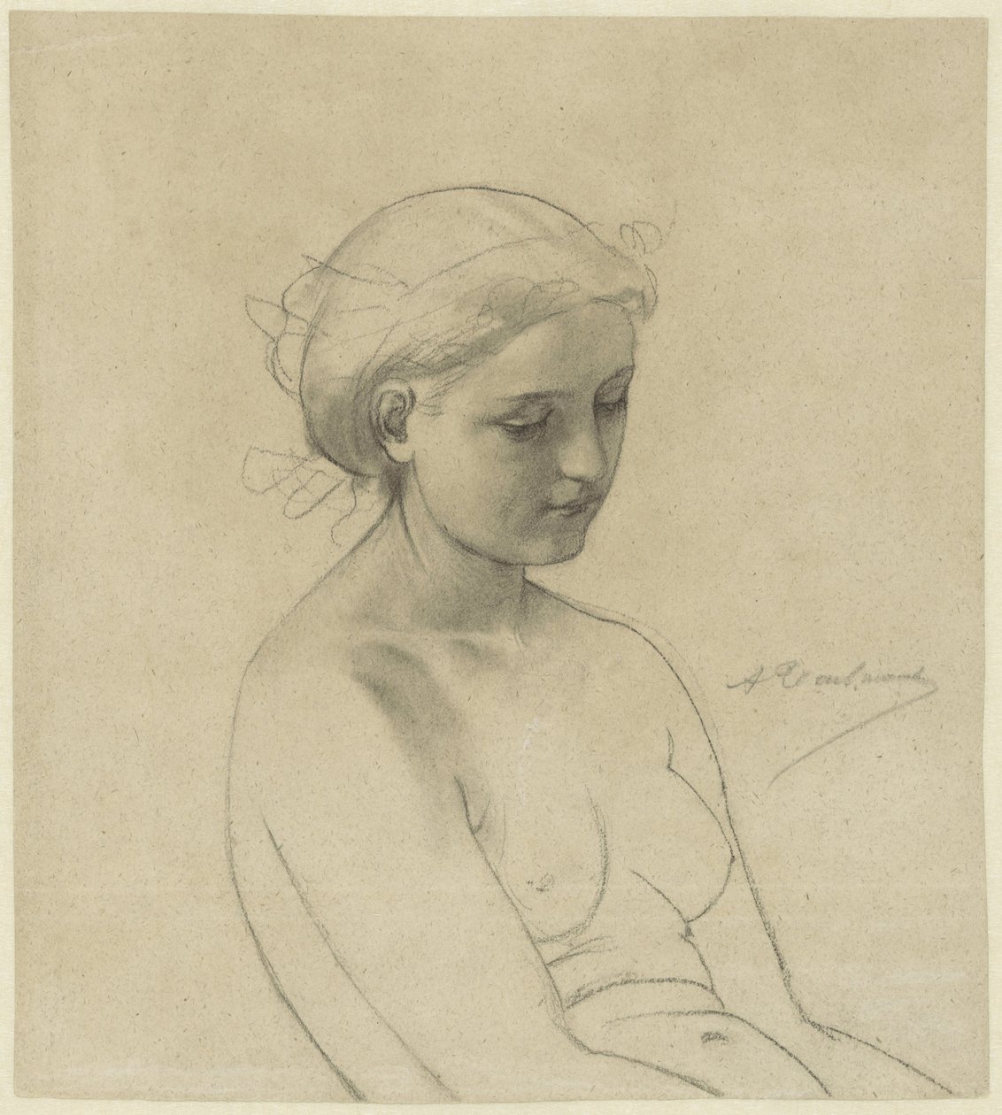 Siddende nøgen kvinde, tre fjerdedele til højre, halvlængde af Auguste Toulmouche