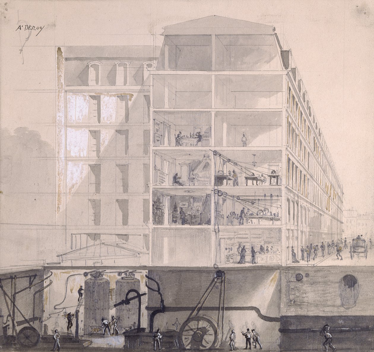 Tværsnit af arbejderboliger i det XI. arrondissement i Paris, ca. 1875 (pen og blæk og gouache på papir) af Auguste Victor Deroy