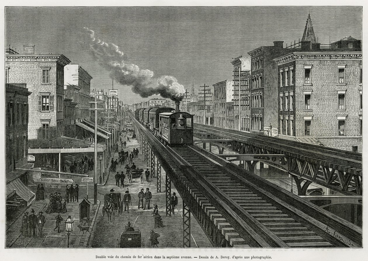 Dobbeltspor af Airline Railway på Seventh Avenue, New York, New York. Edouard de Laveleye, i 1878-1879, offentliggjort i Tour du monde under ledelse af Edouard Charton (1807-1890) af Auguste Victor Deroy