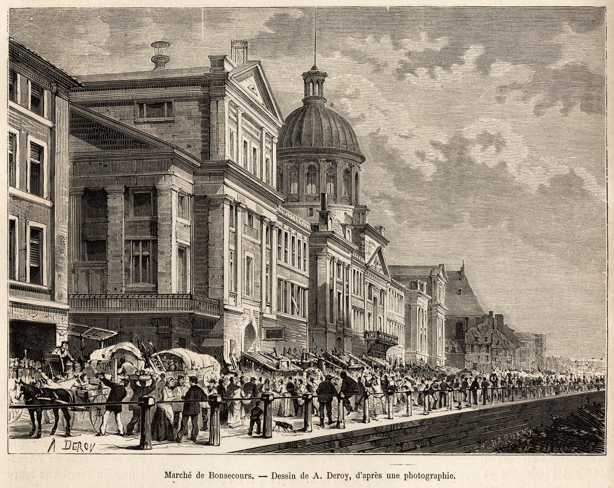 Le marche de Bonsecours, et turist- og kulturcenter i Montreal, indgraveret efter en tegning af A.Deroy, der illustrerer udflugten til Canada og Riviere Rouge du nord, af H. De Lamotte, i 1873, udgivet i "" Le tour du monde””” 1875, redigeret af Edou af Auguste Victor Deroy