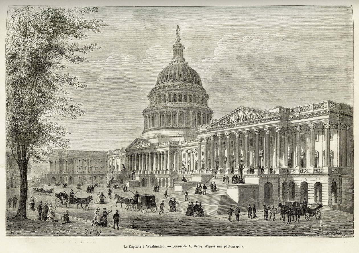 Capitol, sæde for den lovgivende forsamling, bygget mellem 1793 og 1830, i Washington (District of Columbia), hovedstaden i USA. Gravering efter A.Deroys tegning, for at illustrere historien La conquete blanche, af William Hepworth Dixon, i 1875, s. af Auguste Victor Deroy