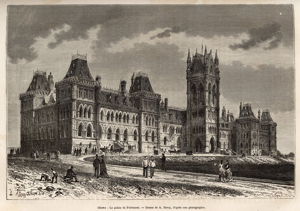 Parlamentspaladset i Ottawa, bygget mellem 1859 og 1876, indgraveret efter en tegning af A.Deroy, der illustrerer udflugten til Canada og Nordens Røde Flod, af H. De Lamotte i 1873, udgivet i "" Le tour du monde””” 1875, redigeret af Edouard af Auguste Victor Deroy