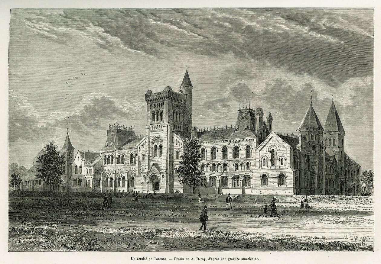 University of Toronto, tegning af A.Deroy, for at illustrere historien om en udflugt til Canada og Northern Red River i 1873 af H. de Lamotte. Indgravering i Le tour du monde af Auguste Victor Deroy