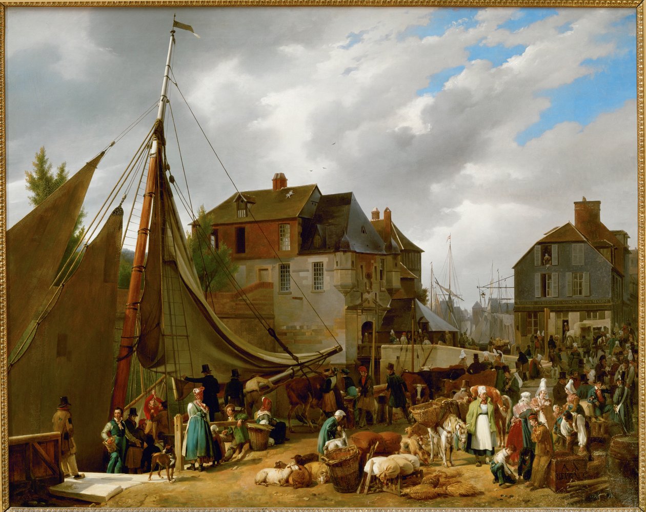Indskibning af kvæg på skibet "Le Passager" i havnen i Honfleur, Frankrig ... af Auguste Xavier Leprince