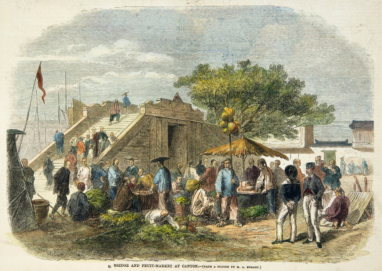 Broen og frugtmarkedet i Canton af Auguste after Borget