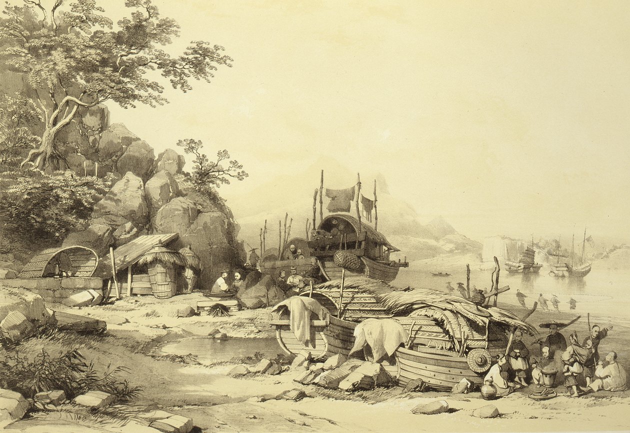 House Boats on the Bay of Cowloon, plade 6 fra Sketches of China, indgraveret af Eugene Ciceri (1813-90) 1842 (tonet litho) af Auguste after Borget