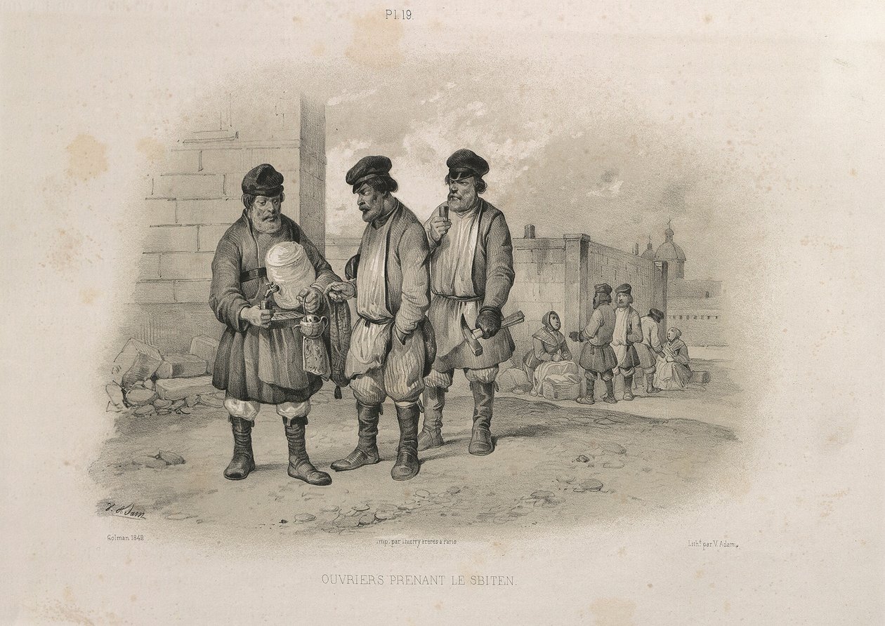 Bygherrer drikker Sbiten Fra: The Construction of the Saint Isaacs Cathedral, 1845 af Auguste de Montferrand