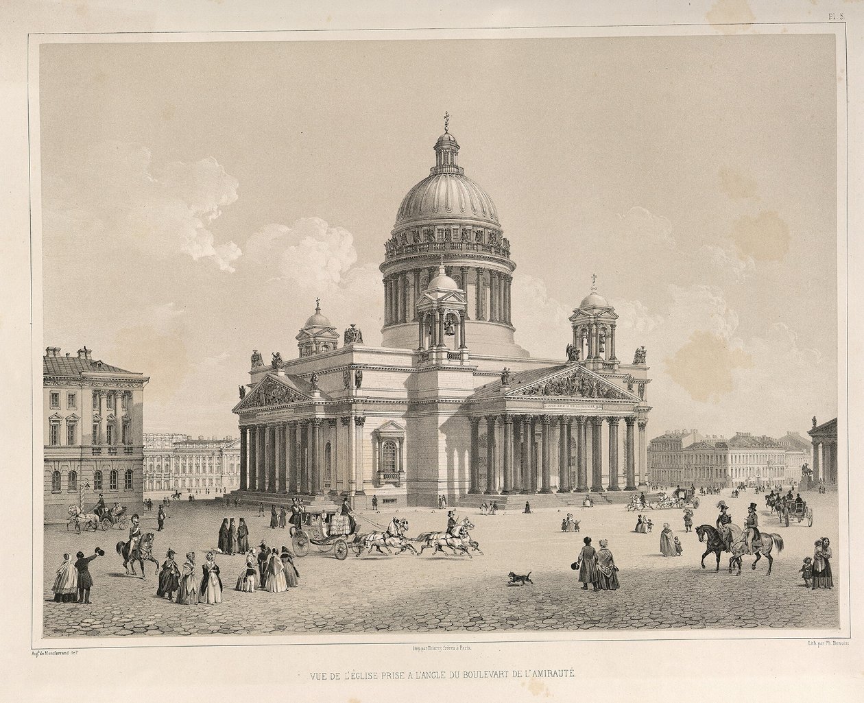 Saint Isaacs Cathedral set fra Admiralteysky Prospekt Fra: The Construction of the Saint Isaacs Cathedral, 1845 af Auguste de Montferrand