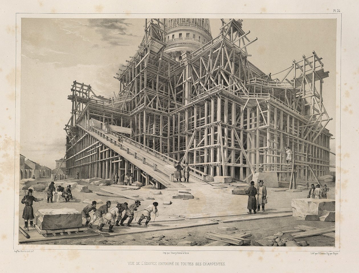 Udsigt over katedralen omgivet af træstilladser Fra: The Construction of the Saint Isaacs Cathedral, 1845 af Auguste de Montferrand