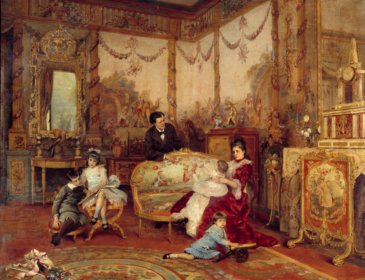 Victorianske Sardou (1831 - 1908), dramatiker og hans børn. Udsigt fra det indre af en stue med ild foran pejsen. Maleri af Auguste La Brely (1838-1906) af Auguste de la Brely