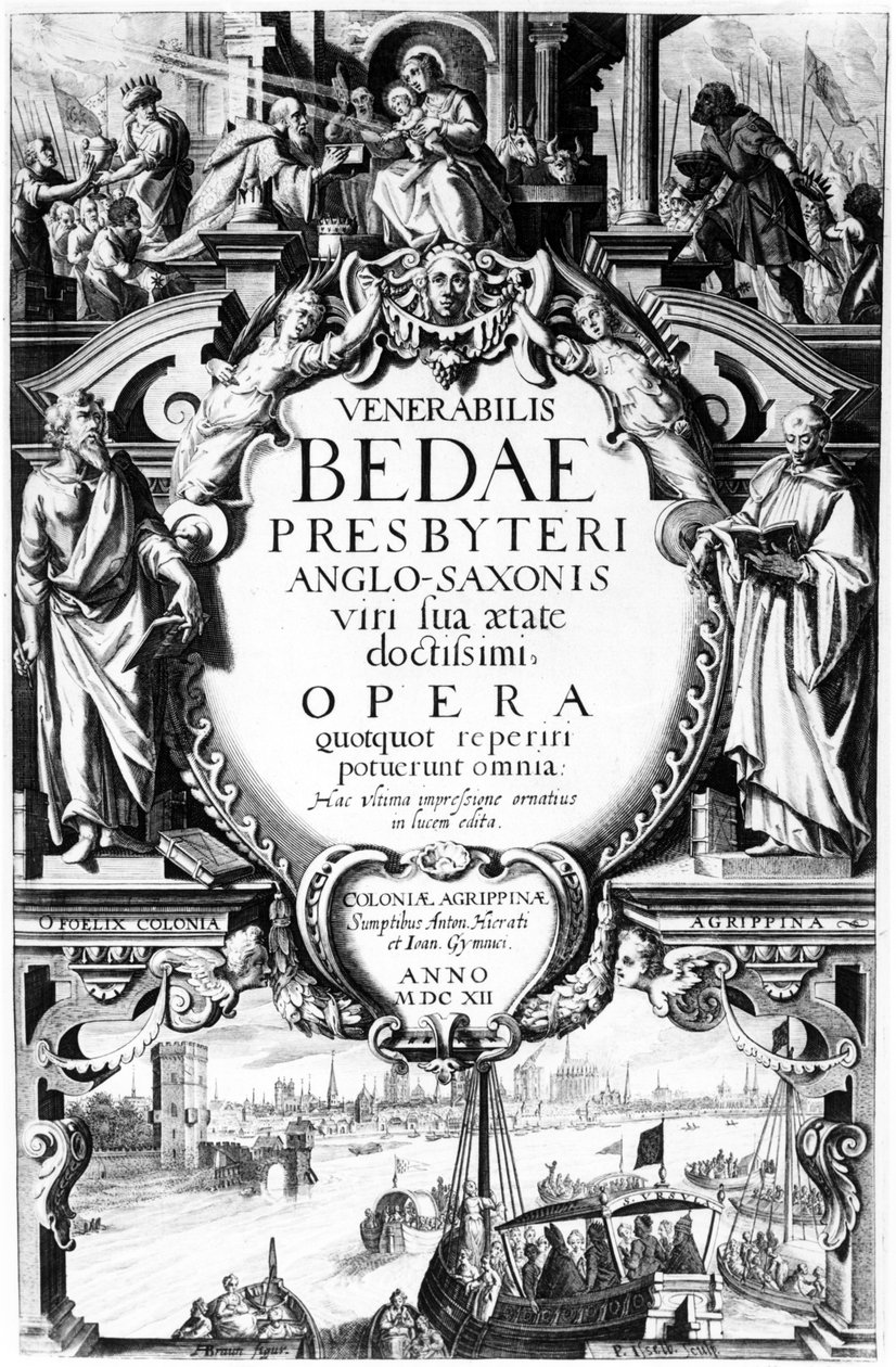 Titelblad for Ærværdige Bede af angelsaksiske præster, tryk udført af Peter Isselburg, udgivet i Köln, 1612 (stik og bogtryk) af Augustin Braun