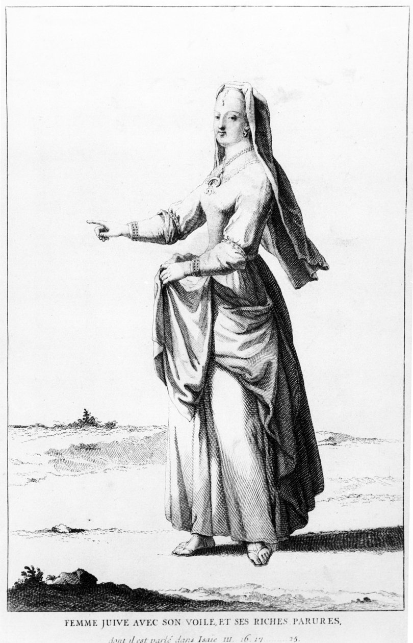 Fransk jødisk kvinde med sit slør og sine rige ornamenter, illustration fra Dictionnaire Historique de la Bible, 1722 af Augustin Calmet