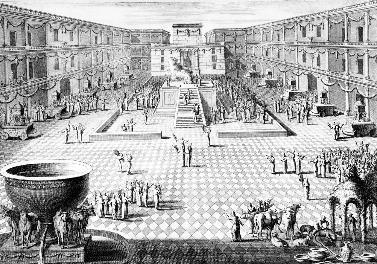 Rekonstruktion af ceremonierne i Salomons tempel på den sidste dag (Hoshannah Raba) af den jødiske Sukkot-festival, illustration fra Dictionnaire Historique de la Bible, 1722 (en af Augustin Calmet