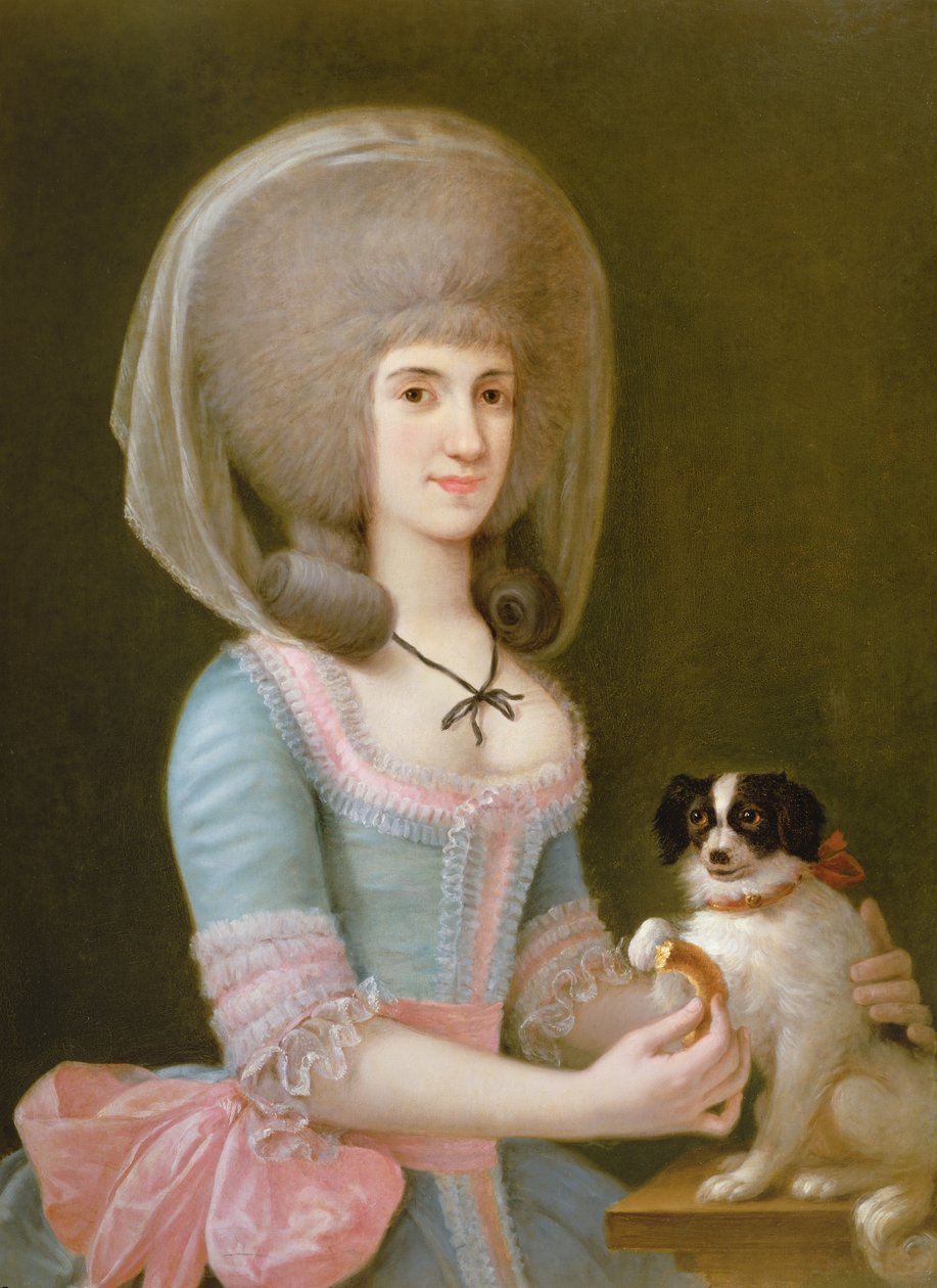 Portræt af Dona Maria Teresa Apodaca de Sisma, der giver en bid til sin hund af Augustin Esteve