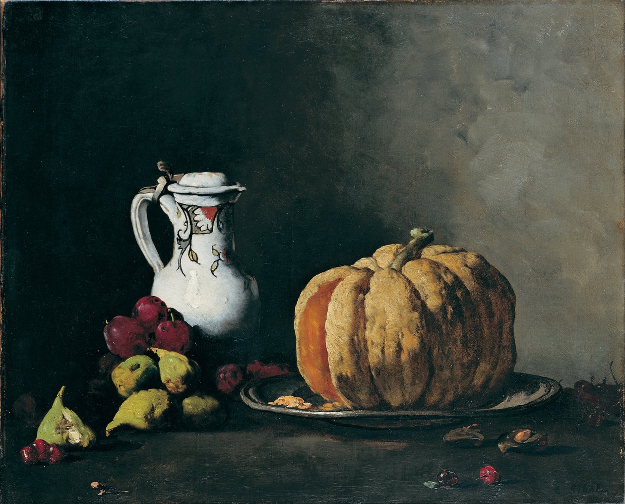 Stilleben med græskar, blommer, kirsebær, figner og kande af Auguste Theodule Ribot