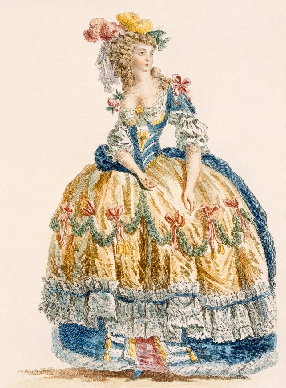 Dame i udførlig gallakjole, graveret af Dupin, fra "Galeries des Modes et Costumes Francais", ca. 1778-87 af Augustin de Saint Aubin