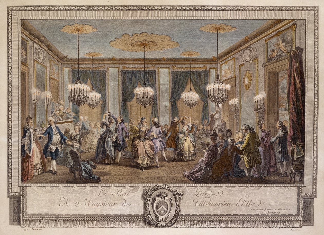 Le Bal Pare a Monsieur de Villemorien Fila, graveret af L. Provost (håndfarvet gravering) af Augustin de Saint Aubin