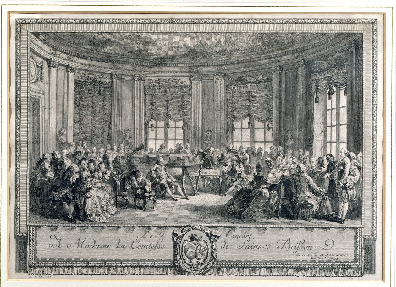 Koncerten i grevinden af Saint Brissons hus, graveret af L. Provost af Augustin de Saint Aubin