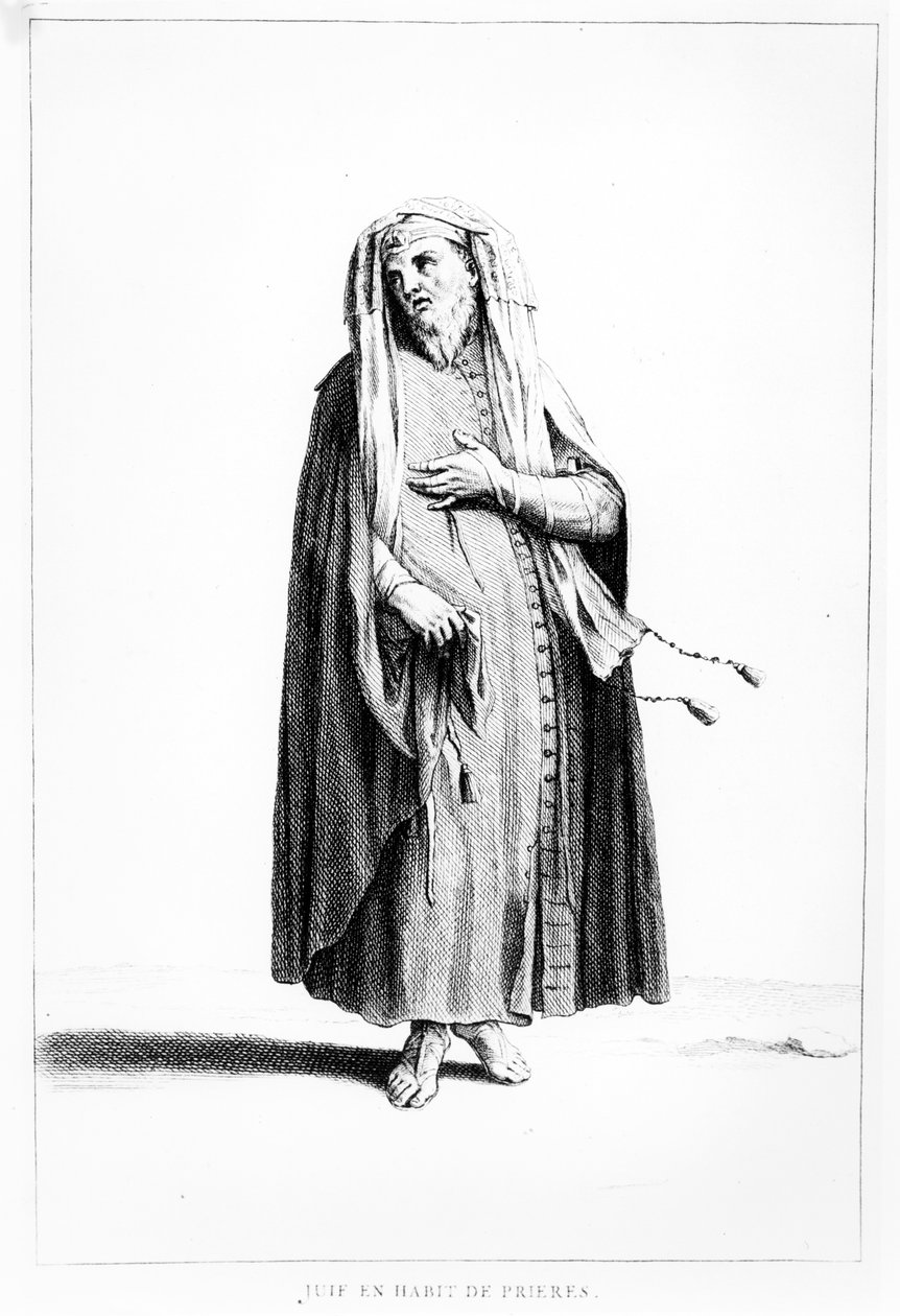 En fransk jødisk mand klædt til bøn, illustration fra Dictionnaire Historique de la Bible, 1722 af Augustin Calmet