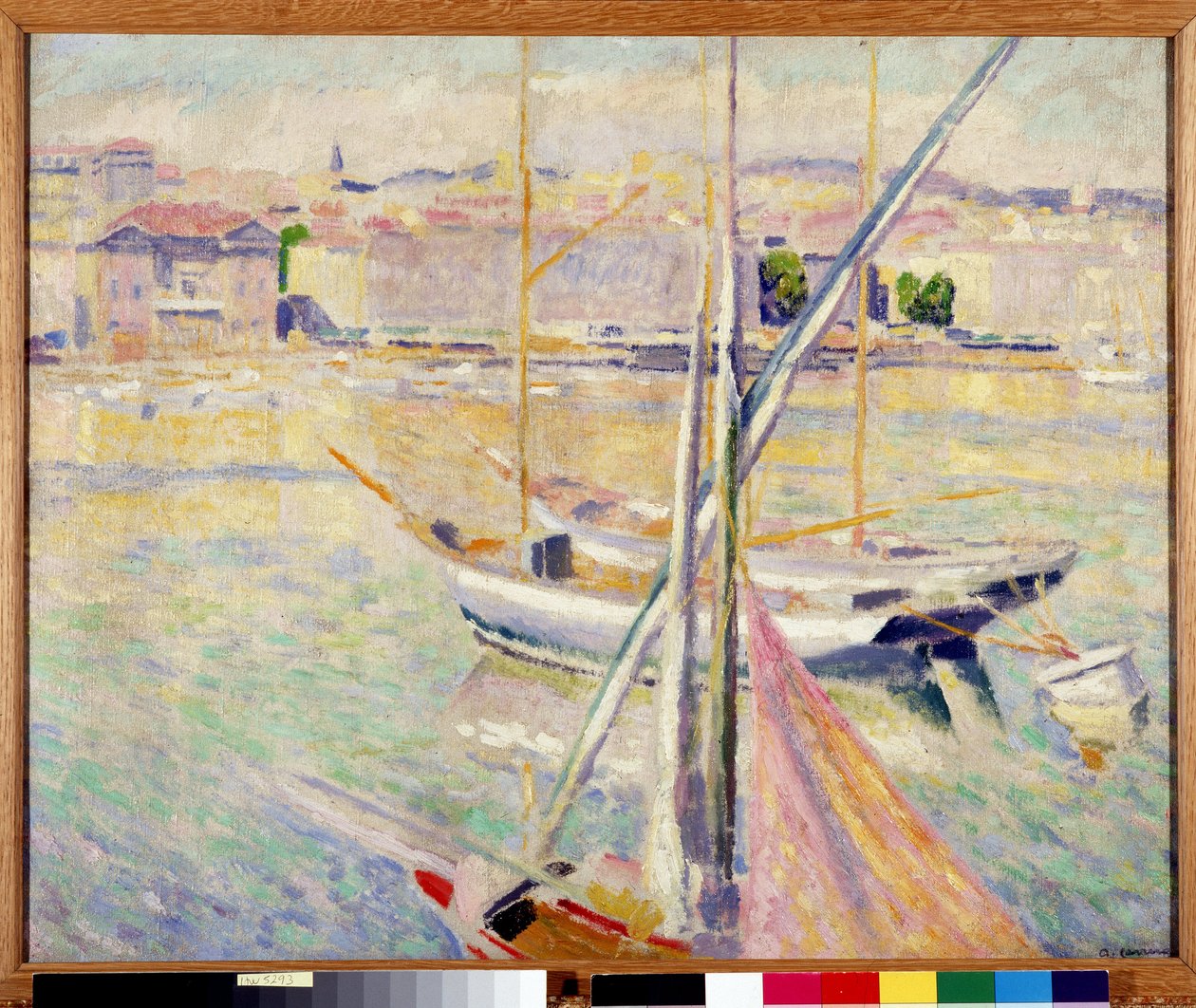 Sejlbåde i Marseilles gamle havn (olie på lærred) af Augustin Carrera