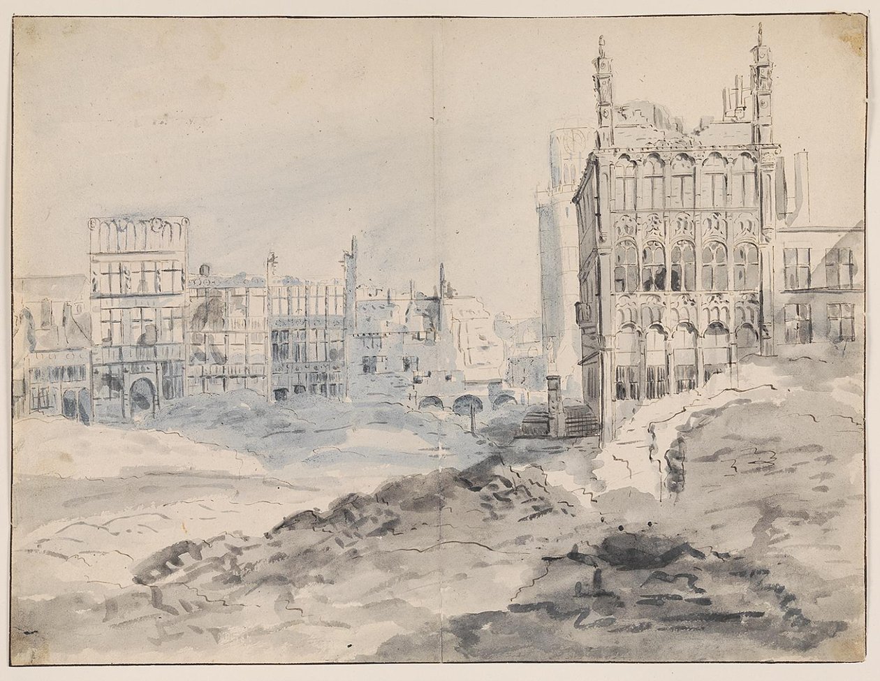 Hjørnet nord-vest på la Grand-Place, Bruxelles efter bombardementet i 1695 af Augustin Coppens