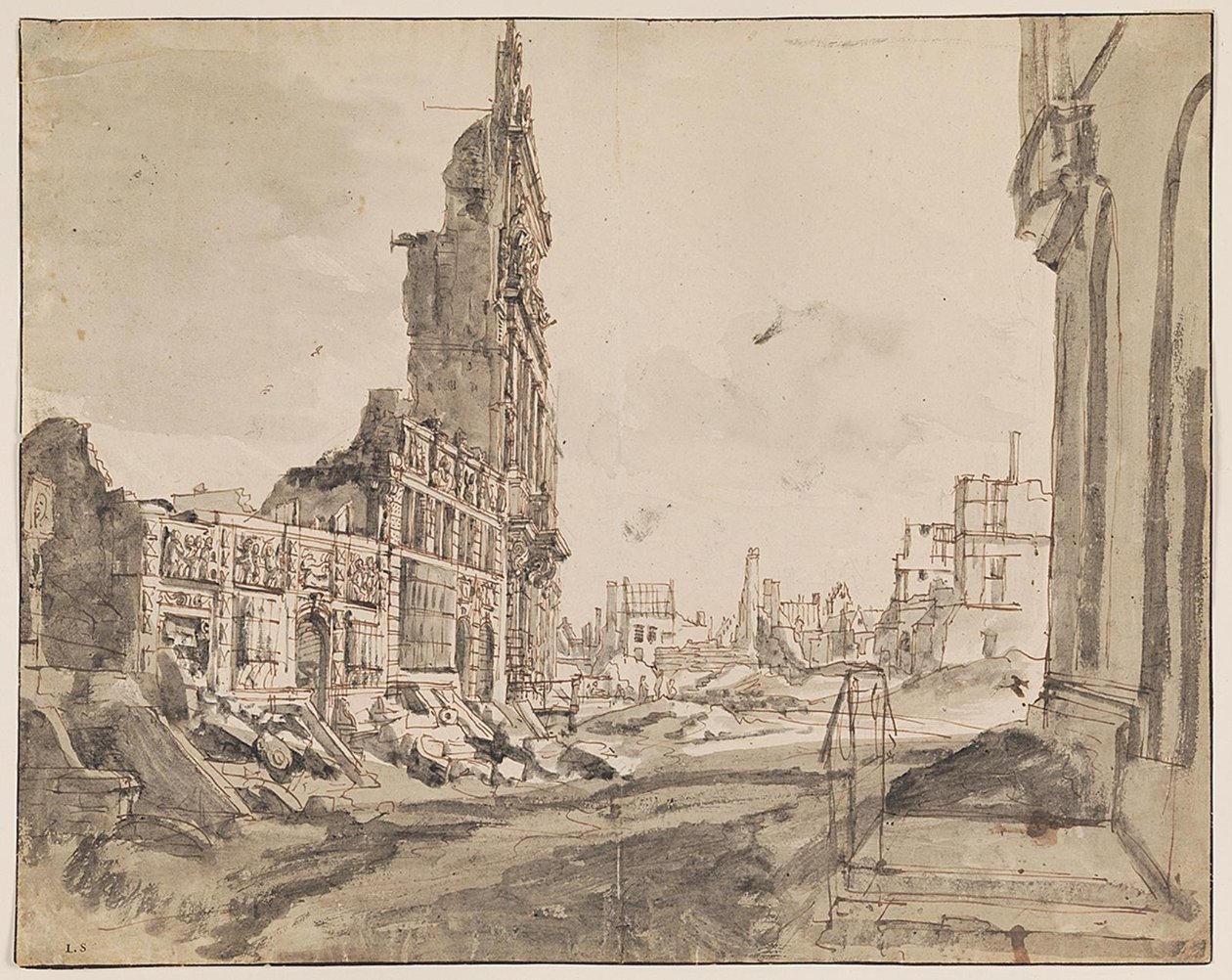 Vu over nordøst og nordvest hjørnerne af Grand Place efter bombardementet i 1695 af Augustin Coppens