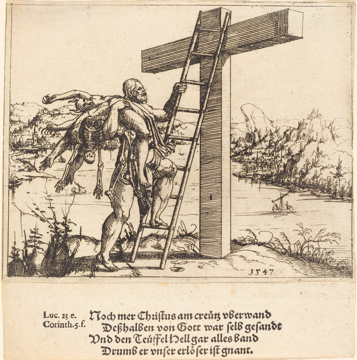 Kristus stiger op på korset med synd, død og djævelen, 1547. af Augustin Hirschvogel