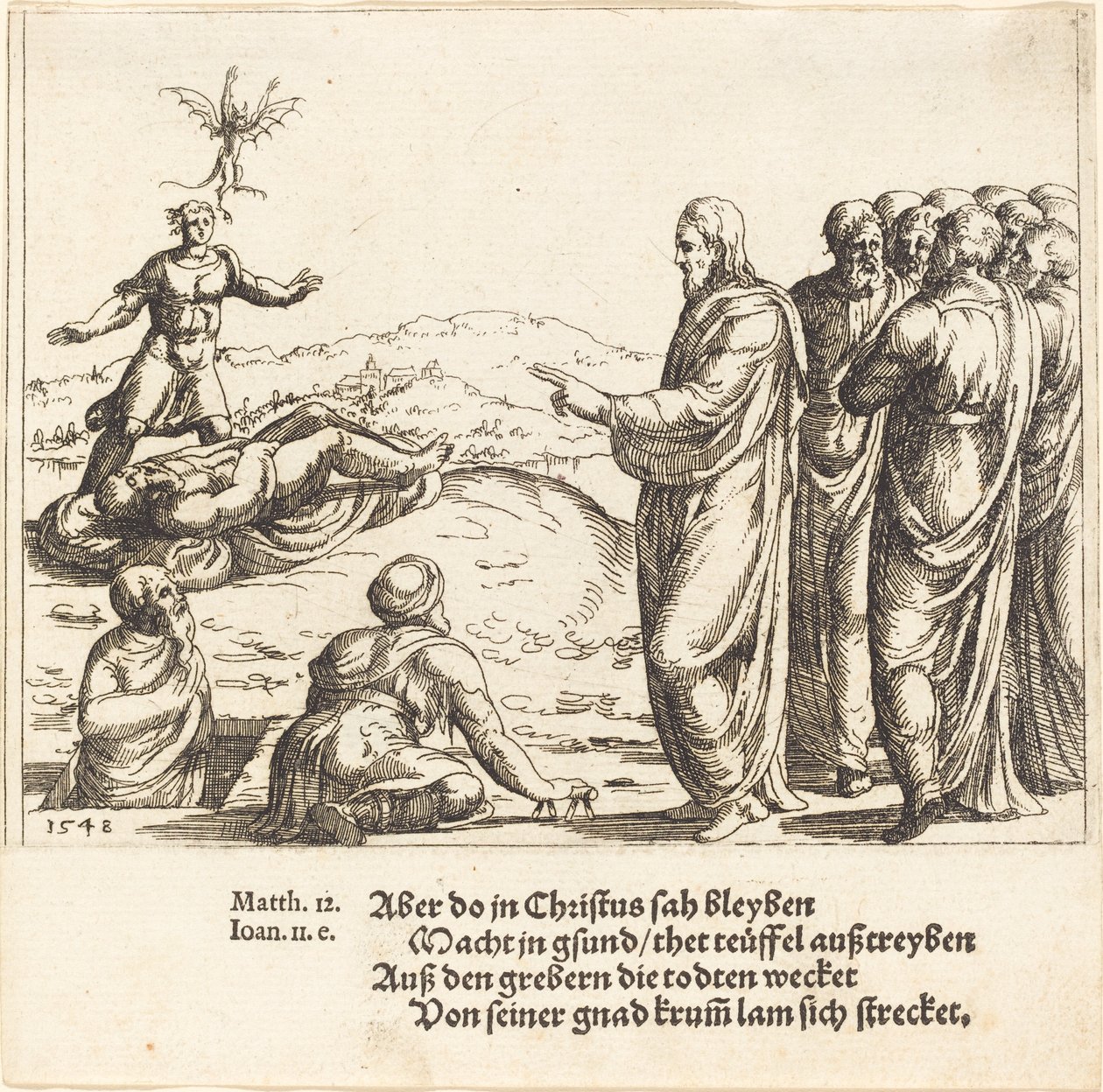 Kristus helbreder en blind og stum dæmoniker, 1548. af Augustin Hirschvogel