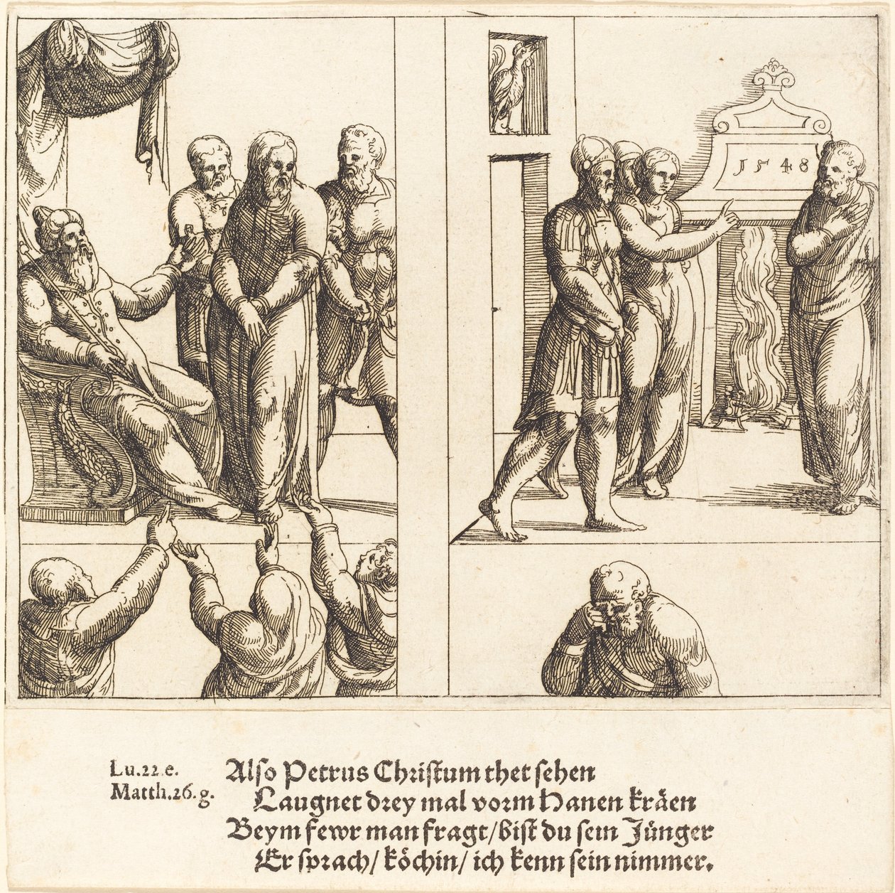 Kristus før Kaifas, og Peter fornægter Kristus, 1548. af Augustin Hirschvogel