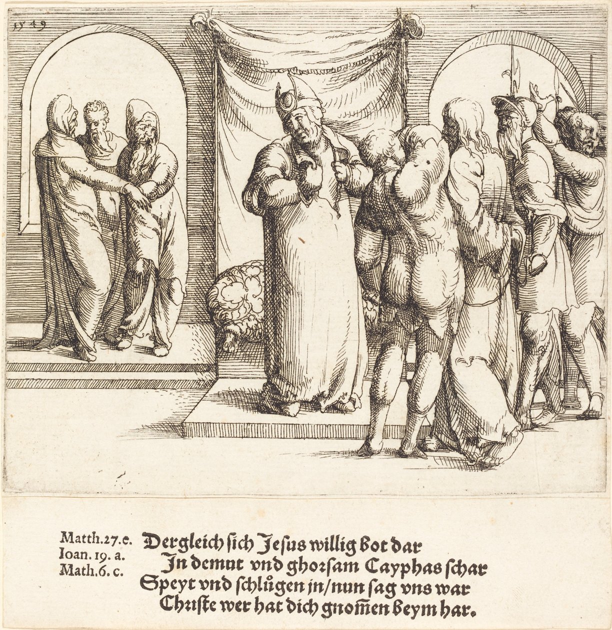 Kristus er hånet, og Caiaphas gør sine tøj, 1549. af Augustin Hirschvogel