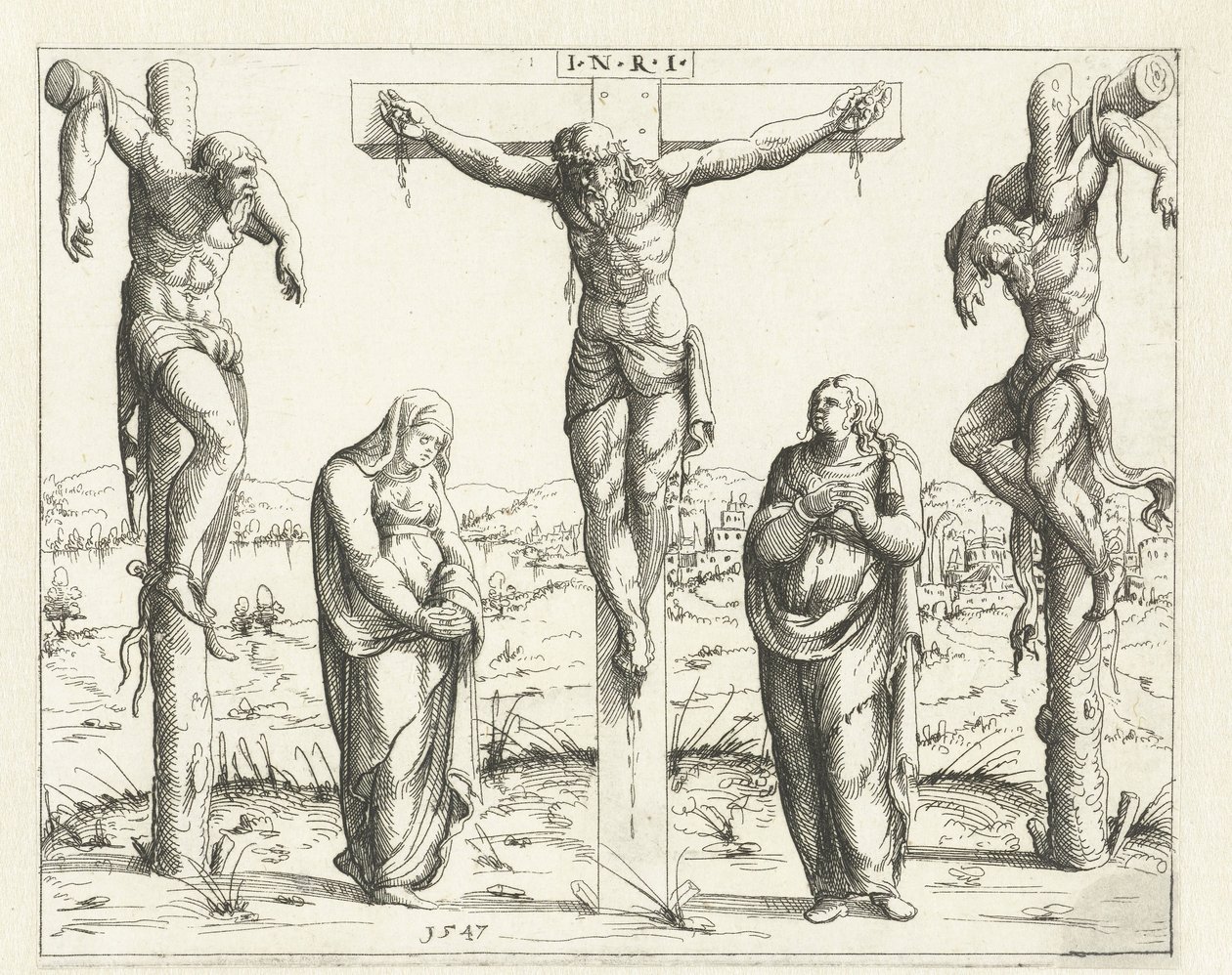 Kristus på korset og Maria og Johannes Korsfæstelse Gamle og Nye Testamentes konkordans (serietitel) Concordants alt und news Testaments (serietitel) af Augustin Hirschvogel