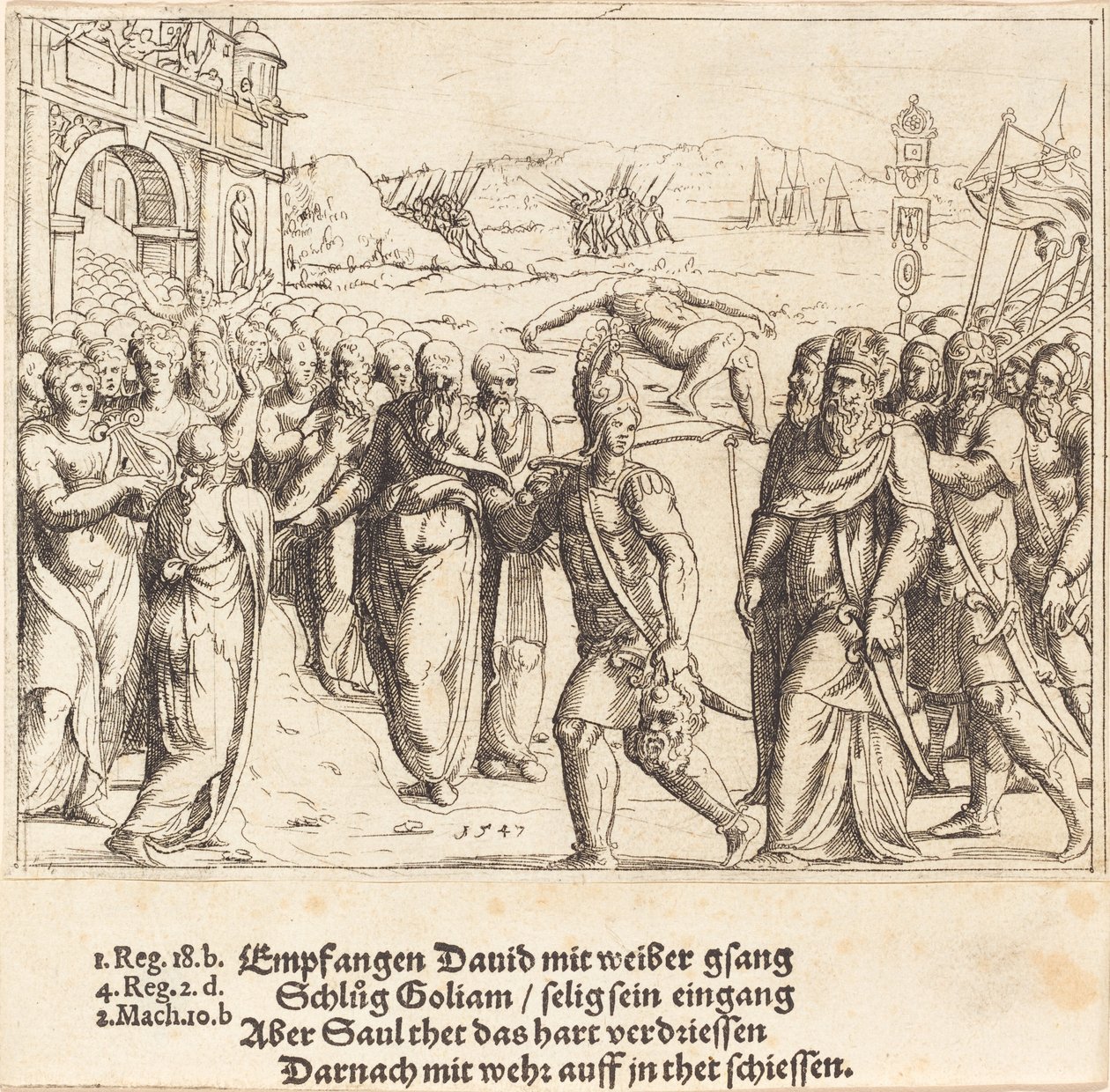 David bliver budt velkommen efter at have dræbt Goliat og Sauls jalousi, 1547. af Augustin Hirschvogel