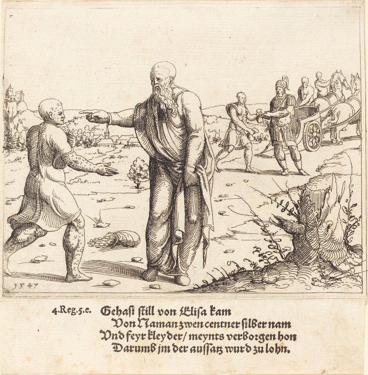 Elisha straffer Gehazi med Naamans spedalskhed, 1547. af Augustin Hirschvogel